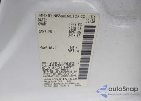 2019 Nissan Altima 2.5 Sr z USA, uszkodzony, nr VIN 1N4BL4CV2KC153016